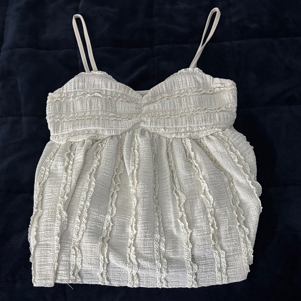 SHEIN Cream Textured Ruffle Spaghetti Strap Crop Top